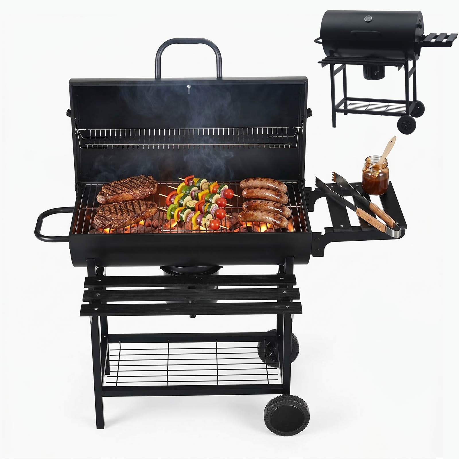 Grill węglowy Grand z pokrywą — wymiary 116 × 64 × 95 cm, ruszt 70 × 35 cm