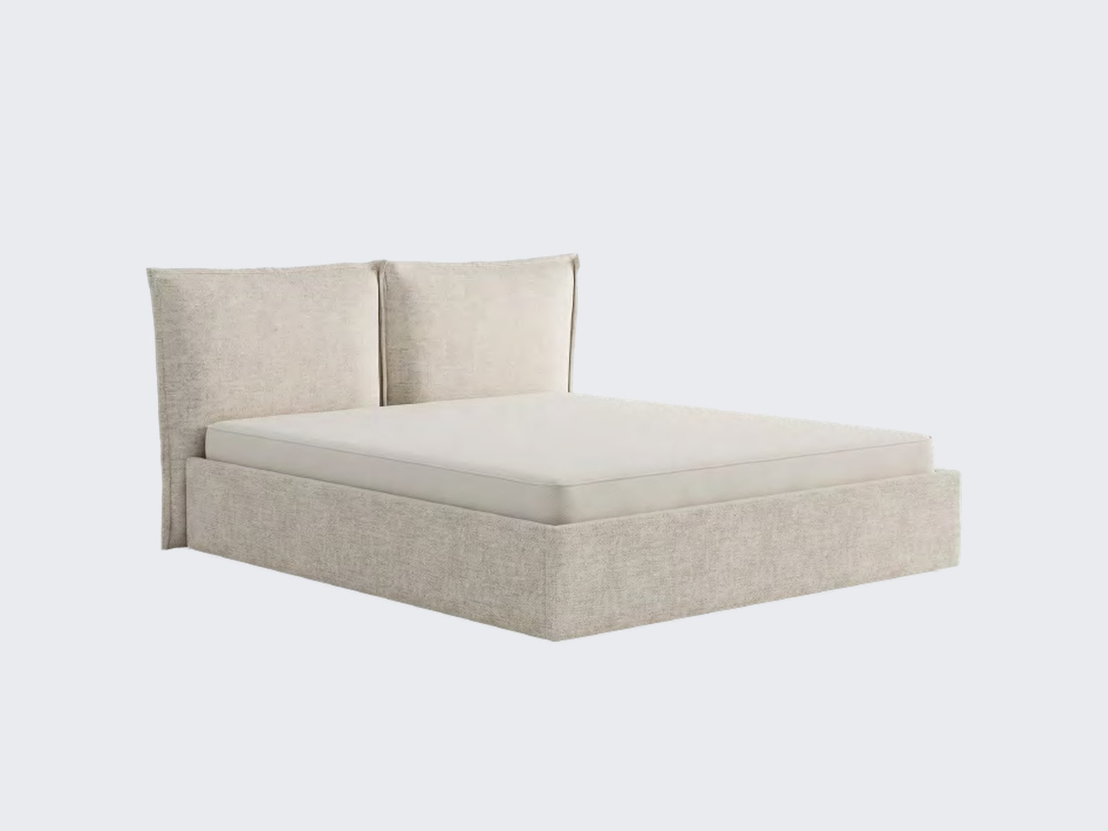 Łóżko Pillow tapicerowane z zagłówkiem — z luźnych poduszek — widok z boku