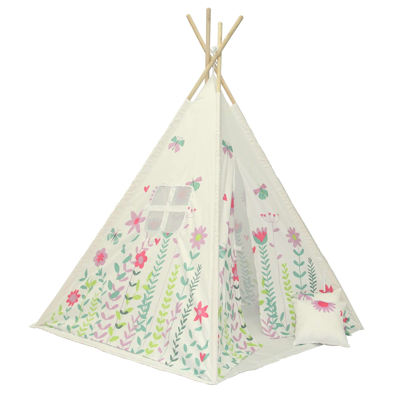 Namiot tipi kwiaty — konstrukcja 120 × 120 cm, wysokość 160 cm, poszycie ze wzorem