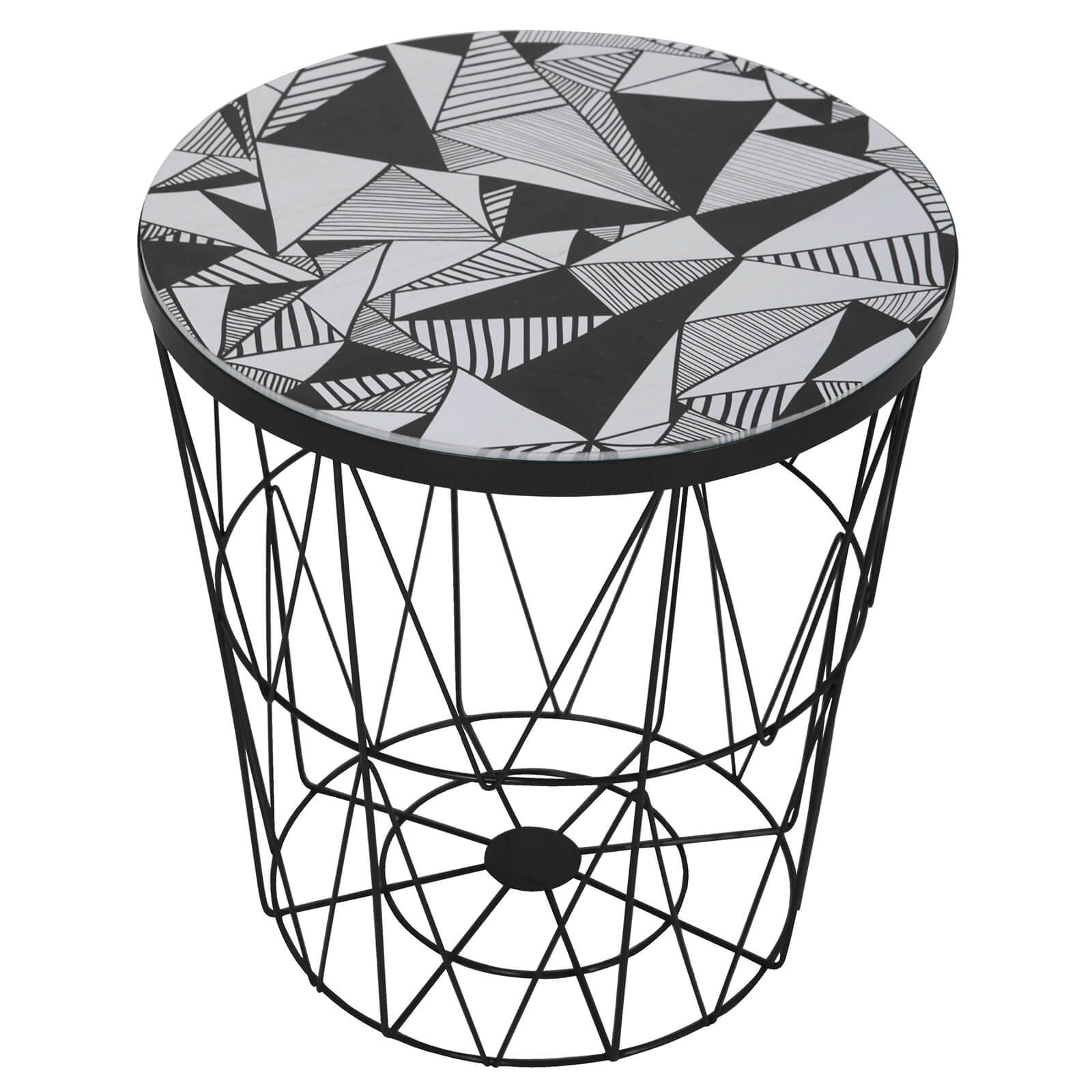 Stolik Basket okrągły — druciana metalowa podstawa w formie kosza, z blatem zdejmowanym jak pokrywa — wzór geometryczny na